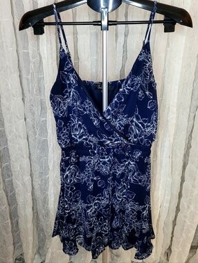 Trixxi Navy Blue and White Floral Mini Wrap Skater Flowy Dress